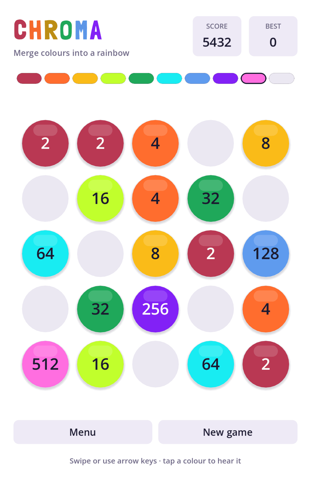 CHROMA game board with hint values shown on colored tiles