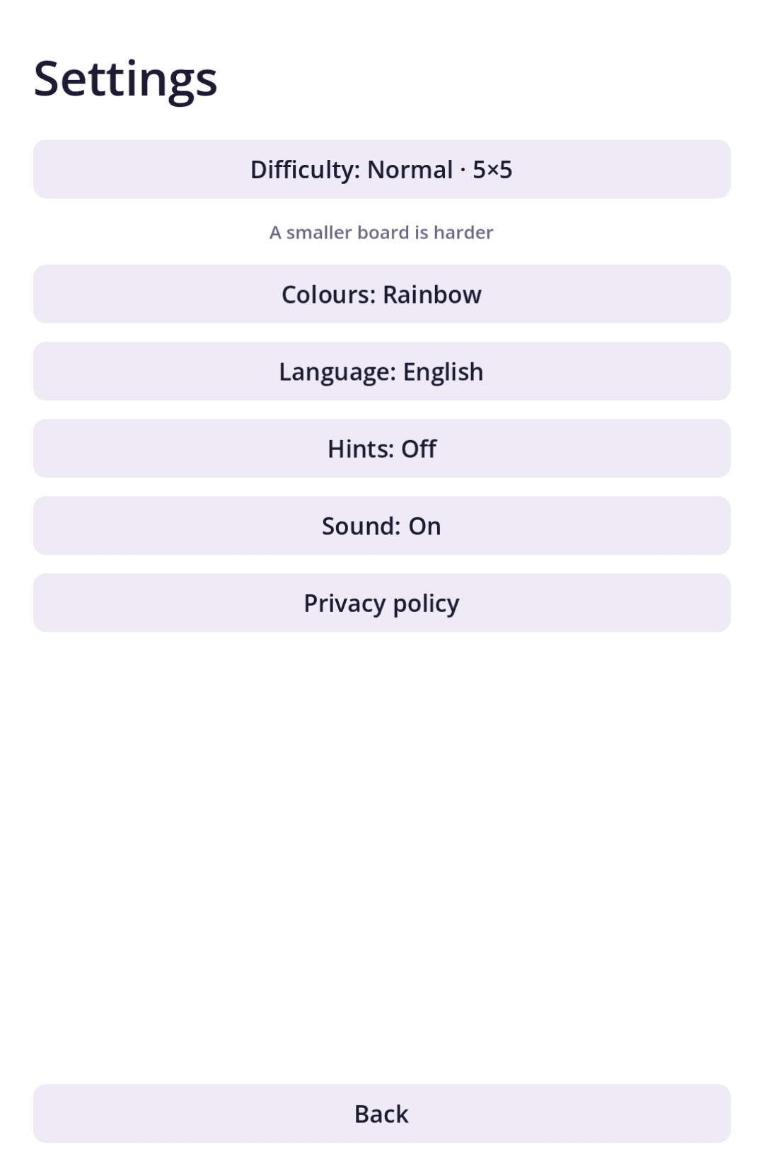CHROMA settings screen with difficulty and accessibility options