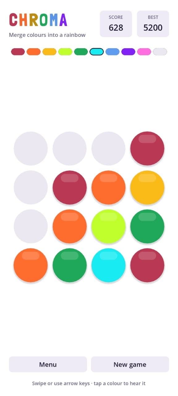 CHROMA mobile gameplay showing a four by four color puzzle board and score