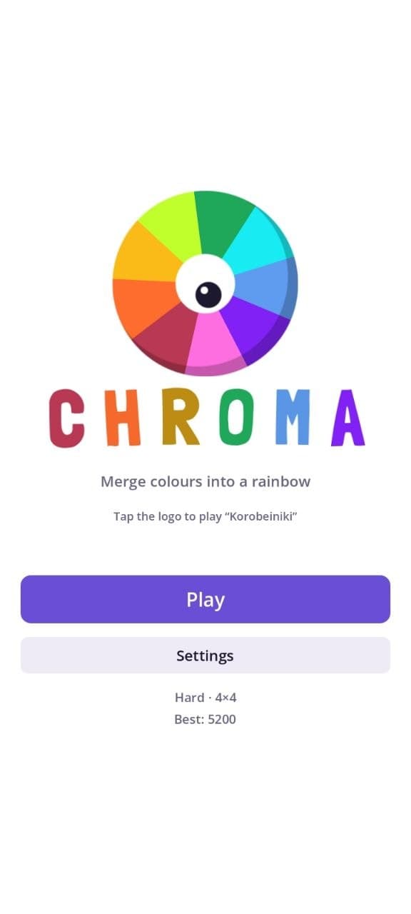 CHROMA mobile title screen with rainbow wheel logo and Play and Settings buttons